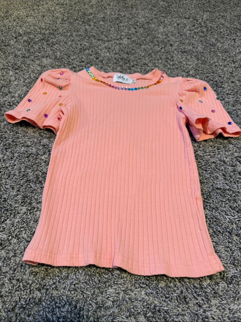 Lola + The Boys Coral Pink Ribbed Short Sleeve Tee with Rainbow Bead Trim